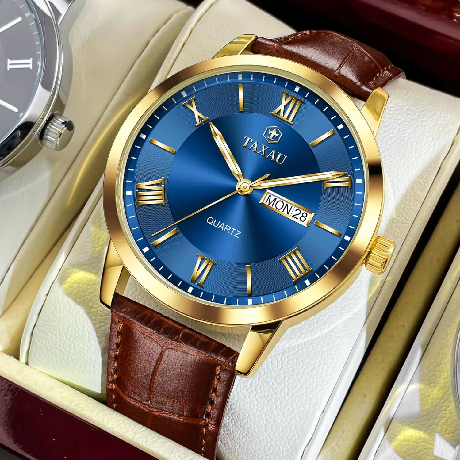 Leather Band Mens Watches with Day Date Quartz Analog Large Face Classic Watch Roman Numerals Dress Luminous Rlojes para Hombres