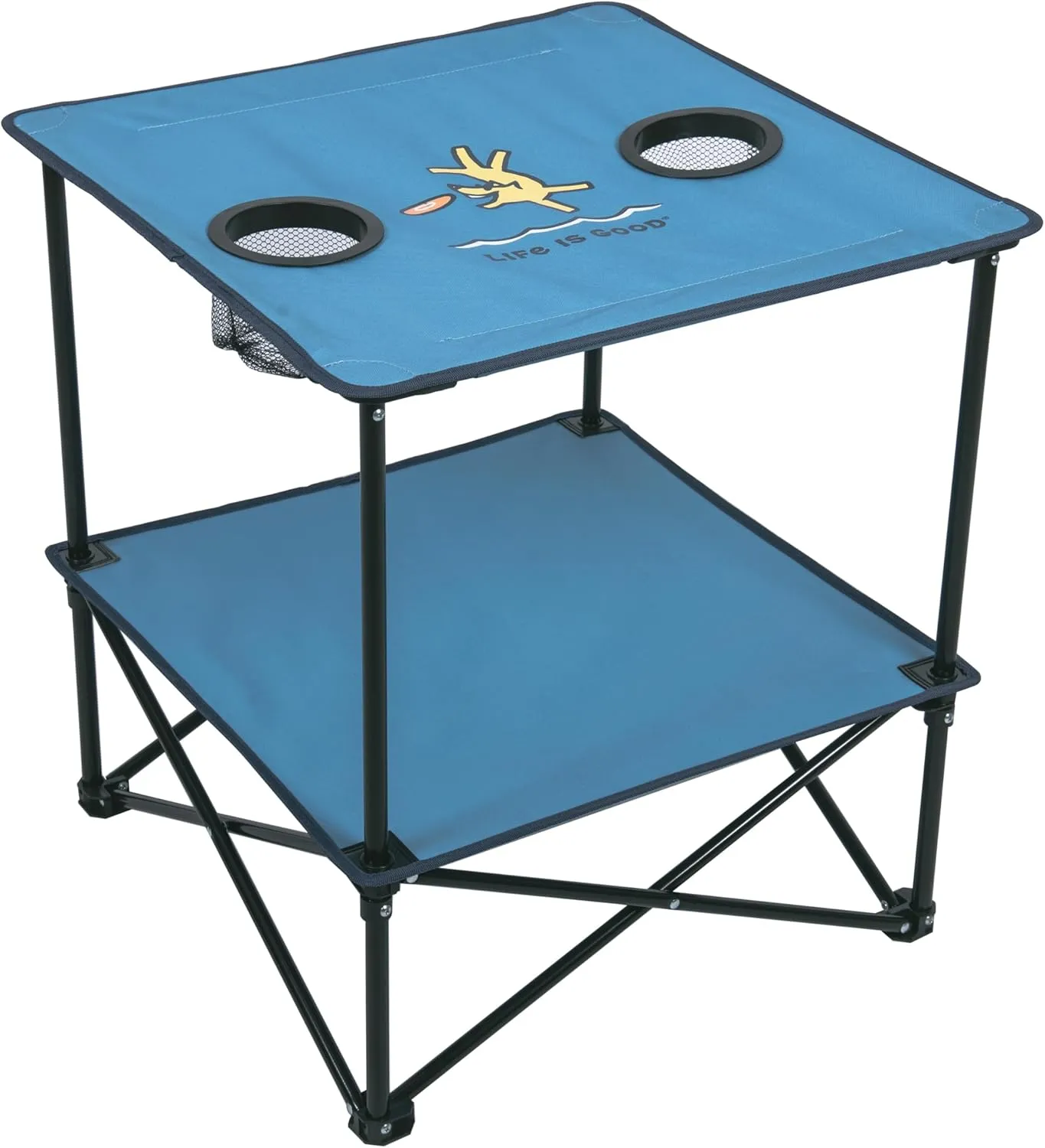 Life is Good 22” Square Compact Outdoor Folding Table with Cup Holders and Carry Bag for Beach, Camping, 30lb Weight Capacity, Blue