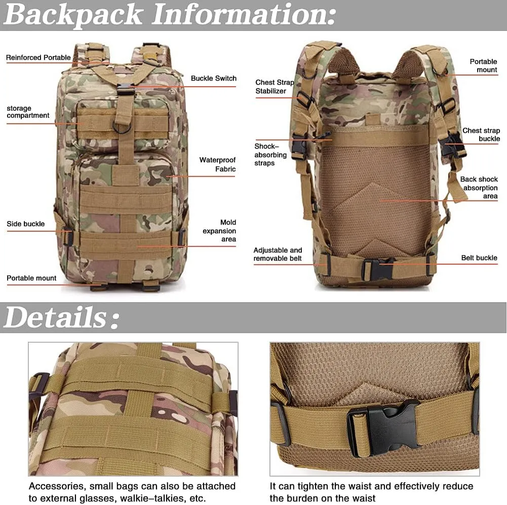 LIMHOO Tactical Backpack for Men - Small Army Backpack Military Rucksack 30L EDC Molle Bag with USA Flag Patch (CP Camo)