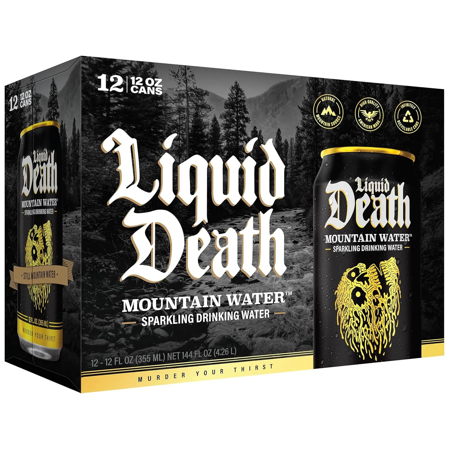 Liquid Death, Sparkling Mountain Water, 12-Pack (12oz Cans), Real Mountain Source, Infinitely Recyclable Ice-Cold Cans, American Made