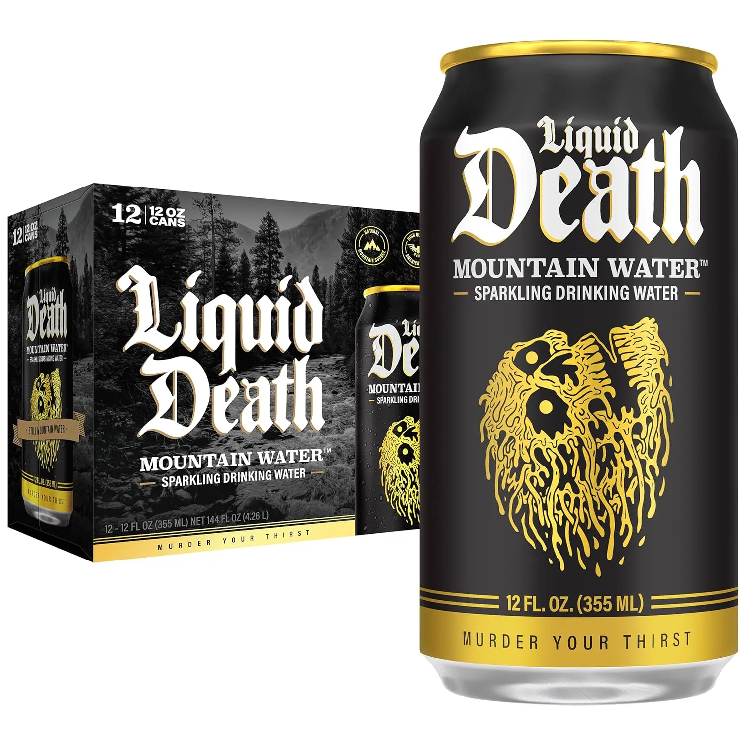 Liquid Death, Sparkling Mountain Water, 12-Pack (12oz Cans), Real Mountain Source, Infinitely Recyclable Ice-Cold Cans, American Made