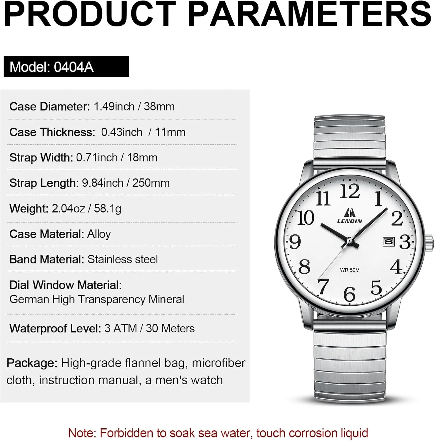 LN LENQIN Mens Watches Easy Read Analog Quartz Sport Waterproof Watch for Men with 38mm Stainless Steel Expansion Band and Glow Dial