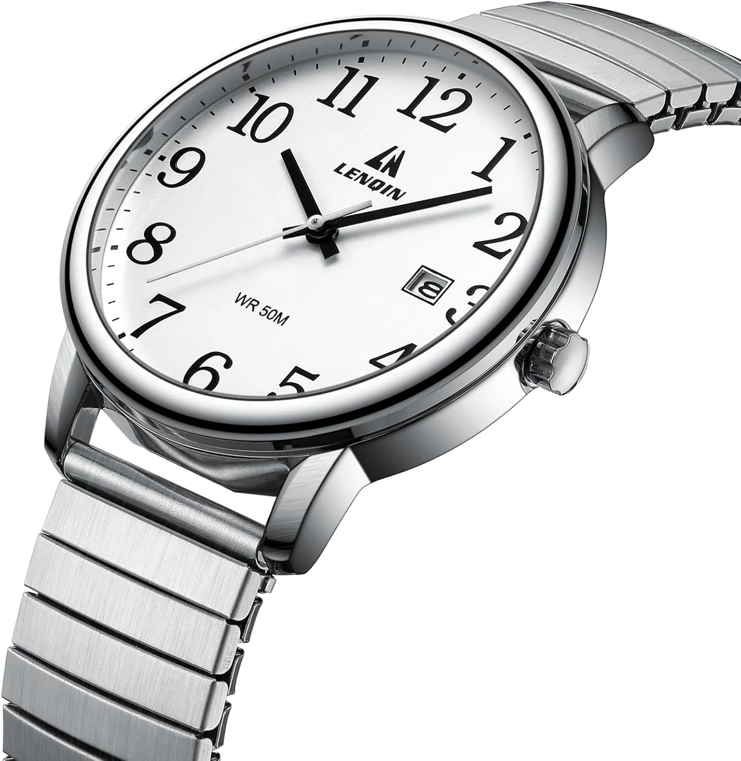 LN LENQIN Mens Watches Easy Read Analog Quartz Sport Waterproof Watch for Men with 38mm Stainless Steel Expansion Band and Glow Dial