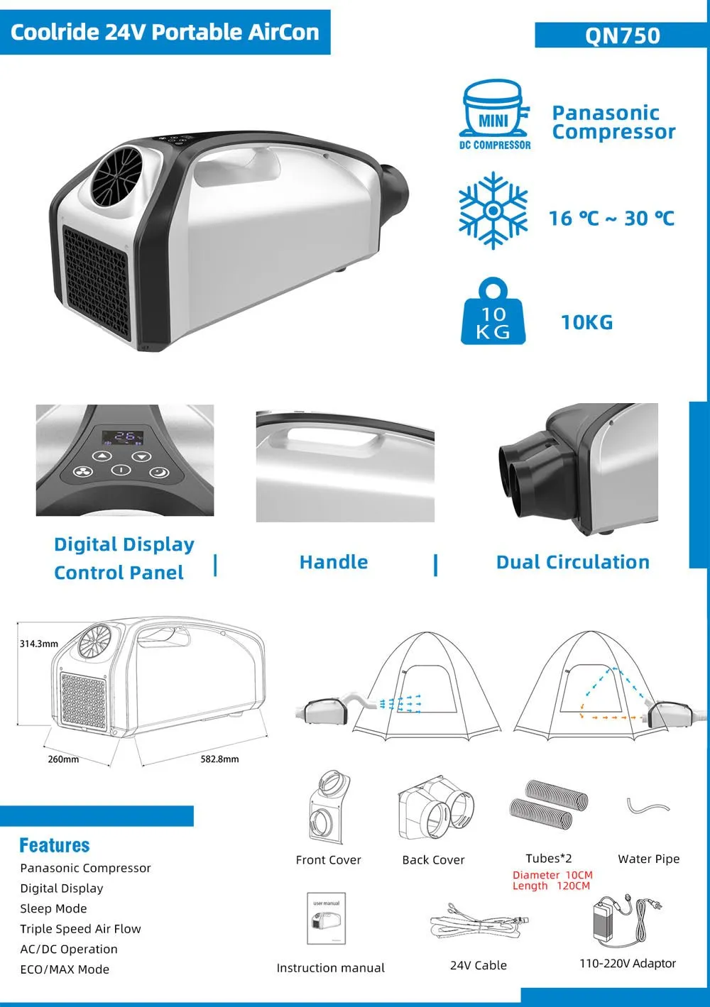 Local shipping AC CRONY 3 AC conditioning Conditioners Speeds Energy-efficient 24V Tent Unit Portable DC100-240V air Fan QN750 Home Cooling Air
