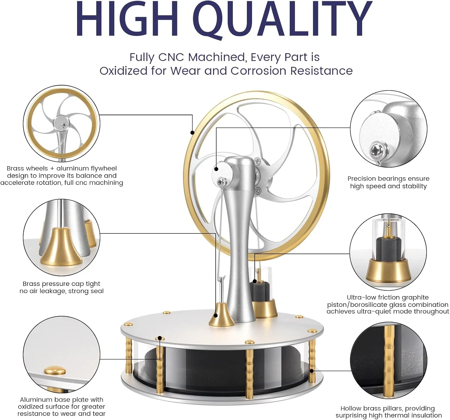 Low-Temperature Stirling Engine Classroom Teaching Stirling Engine Kit Steam Heat Educational Model Adult Desktop Educational Toys Brass Aluminum Stirling Engine-HZZ92 Pro Silver