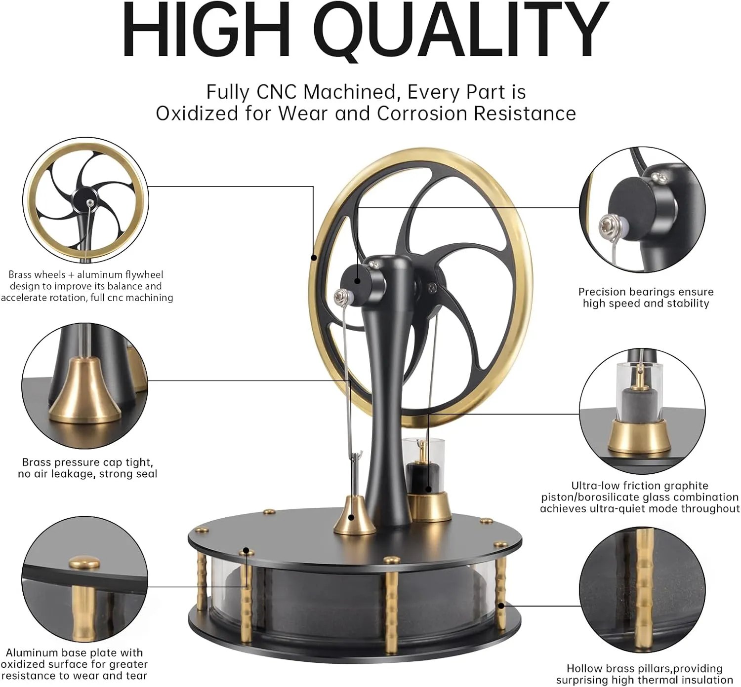 Low Temperature Stirling Engine Classroom Teaching Stirling Engine Kit Steam Heat Educational Model Brass Aluminum Stirling Engine-HZZ92 Pro Black