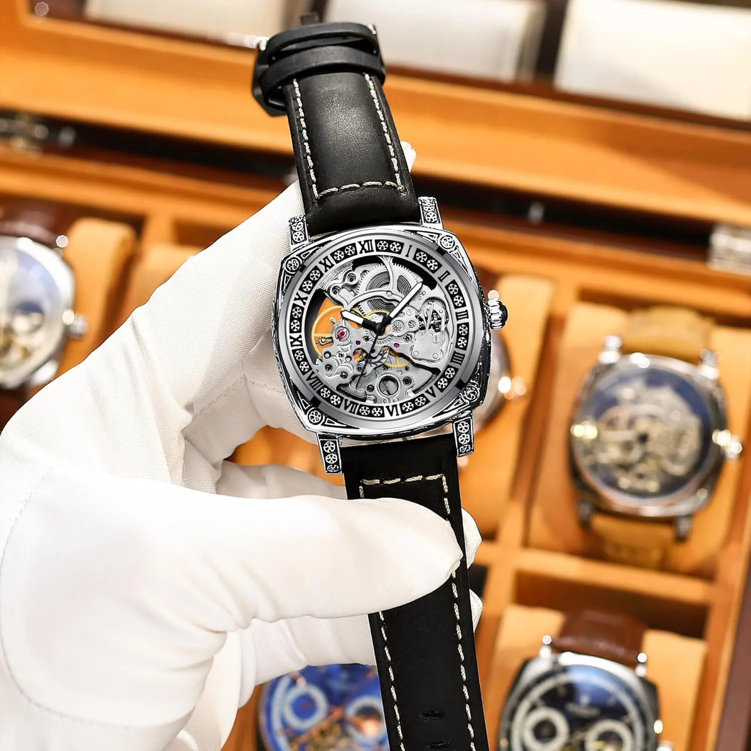 Luxury Hollow Mechanical Watch Men Exquisite Carving Steampunk Skeleton Automatic Self-Wind Watches Leather Sport Military Clock