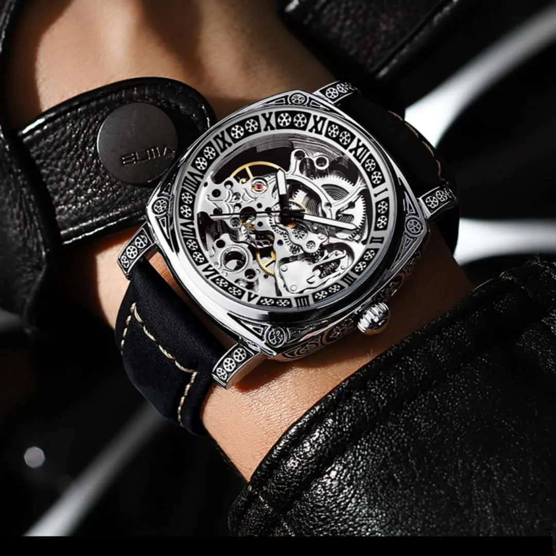 Luxury Hollow Mechanical Watch Men Exquisite Carving Steampunk Skeleton Automatic Self-Wind Watches Leather Sport Military Clock