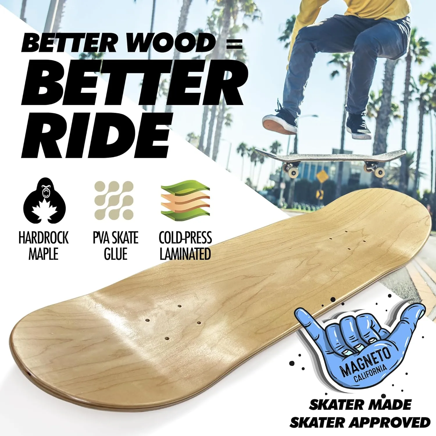 Magneto Complete Skateboard | 6-Layer Canadian Maple Double Kick Concave Deck | Beginners, and Teens