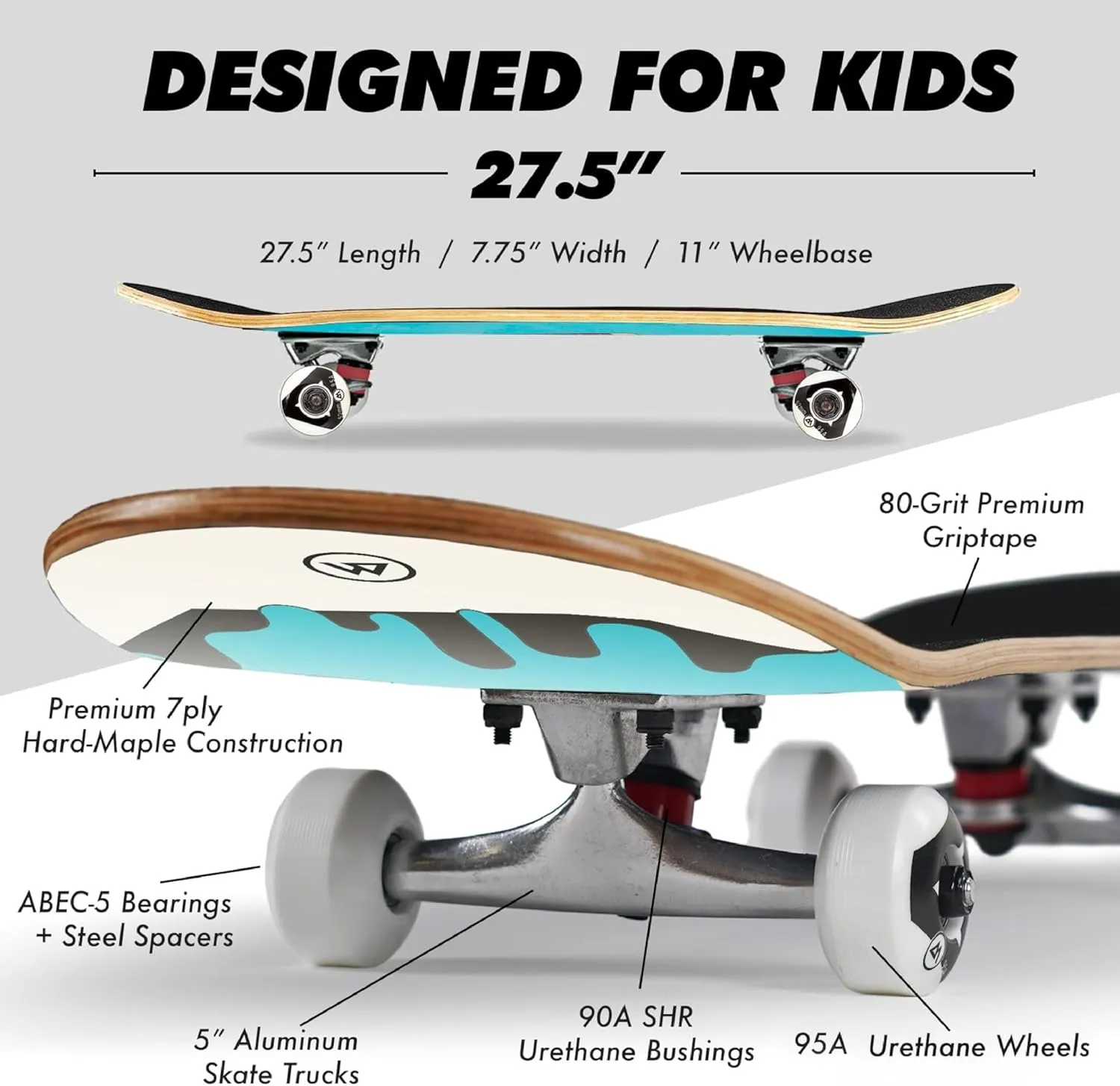 Magneto Complete Skateboard | 6-Layer Canadian Maple Double Kick Concave Deck | Beginners, and Teens