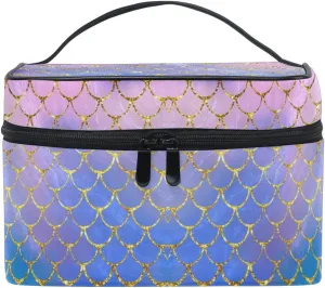 Makeup Train Case Purple Mermaid Scales Marble Fish Light Summer Gold Korean Carrying Portable Zip Travel Cosmetic Brush Bag Organizer Large White Elephant Gift for Girls Women