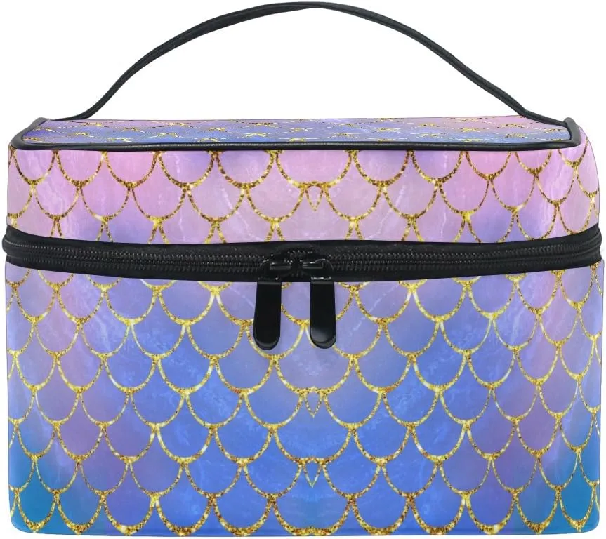 Makeup Train Case Purple Mermaid Scales Marble Fish Light Summer Gold Korean Carrying Portable Zip Travel Cosmetic Brush Bag Organizer Large White Elephant Gift for Girls Women