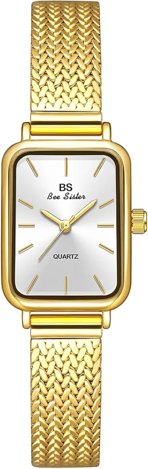 MASTOP Dainty Gold Silver Square Women's Watch Vintage Fashion Quartz Waterproof Bracelet Watch Luxury Stainless Steel Mesh Strap Wrist Watch for Women