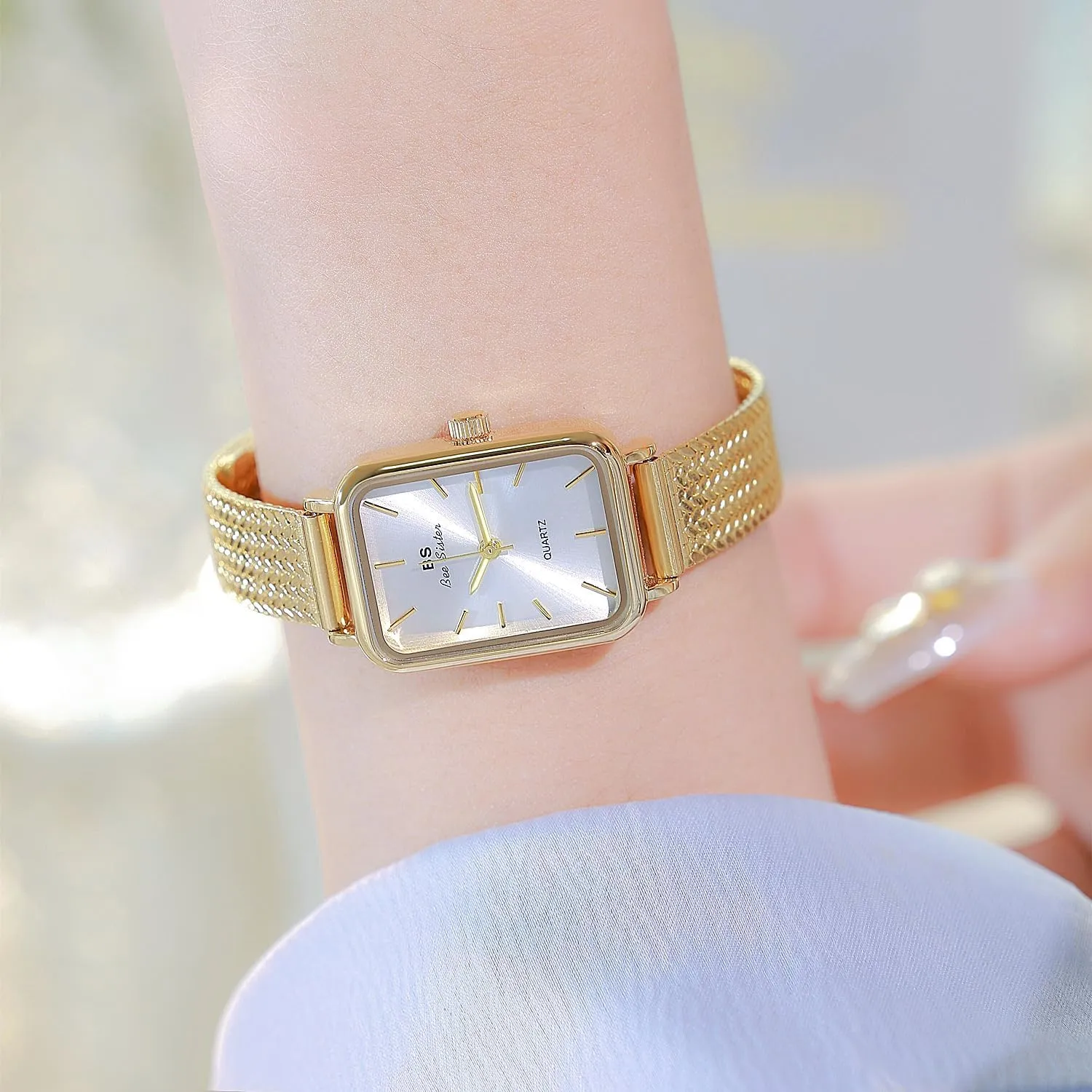 MASTOP Dainty Gold Silver Square Women's Watch Vintage Fashion Quartz Waterproof Bracelet Watch Luxury Stainless Steel Mesh Strap Wrist Watch for Women