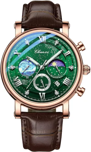 MASTOP Luxury Men Waterproof Watch Business Casual Quartz Watch Moon Phase Chronograph Leather Wristwatches