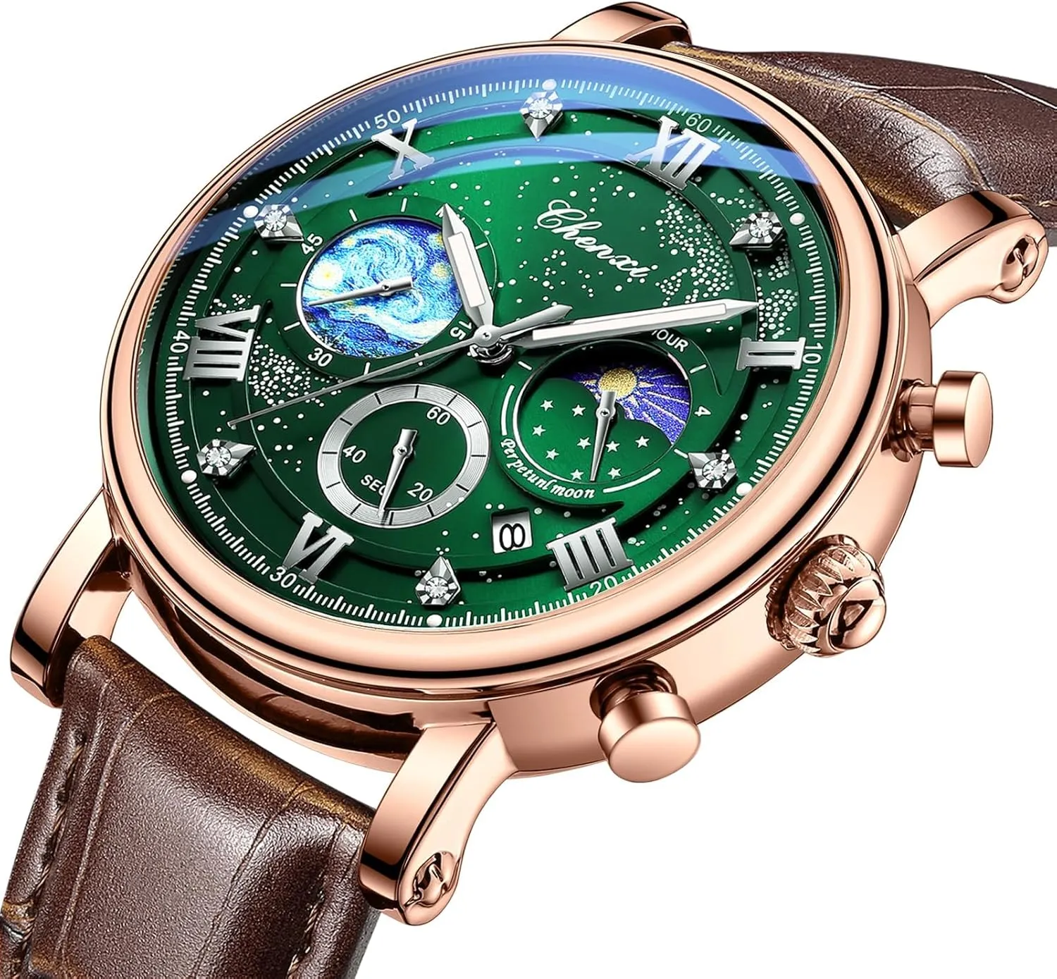 MASTOP Luxury Men Waterproof Watch Business Casual Quartz Watch Moon Phase Chronograph Leather Wristwatches