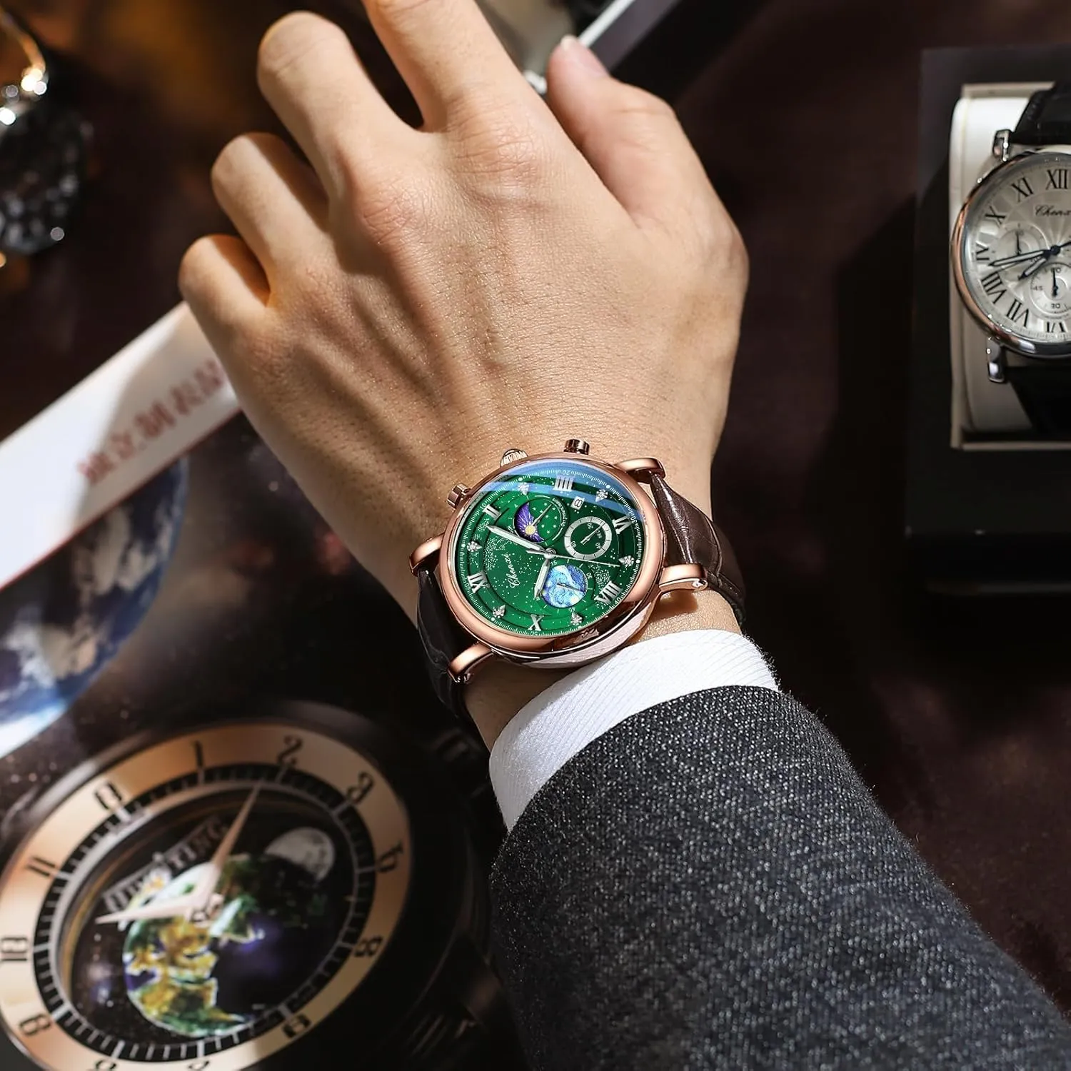 MASTOP Luxury Men Waterproof Watch Business Casual Quartz Watch Moon Phase Chronograph Leather Wristwatches