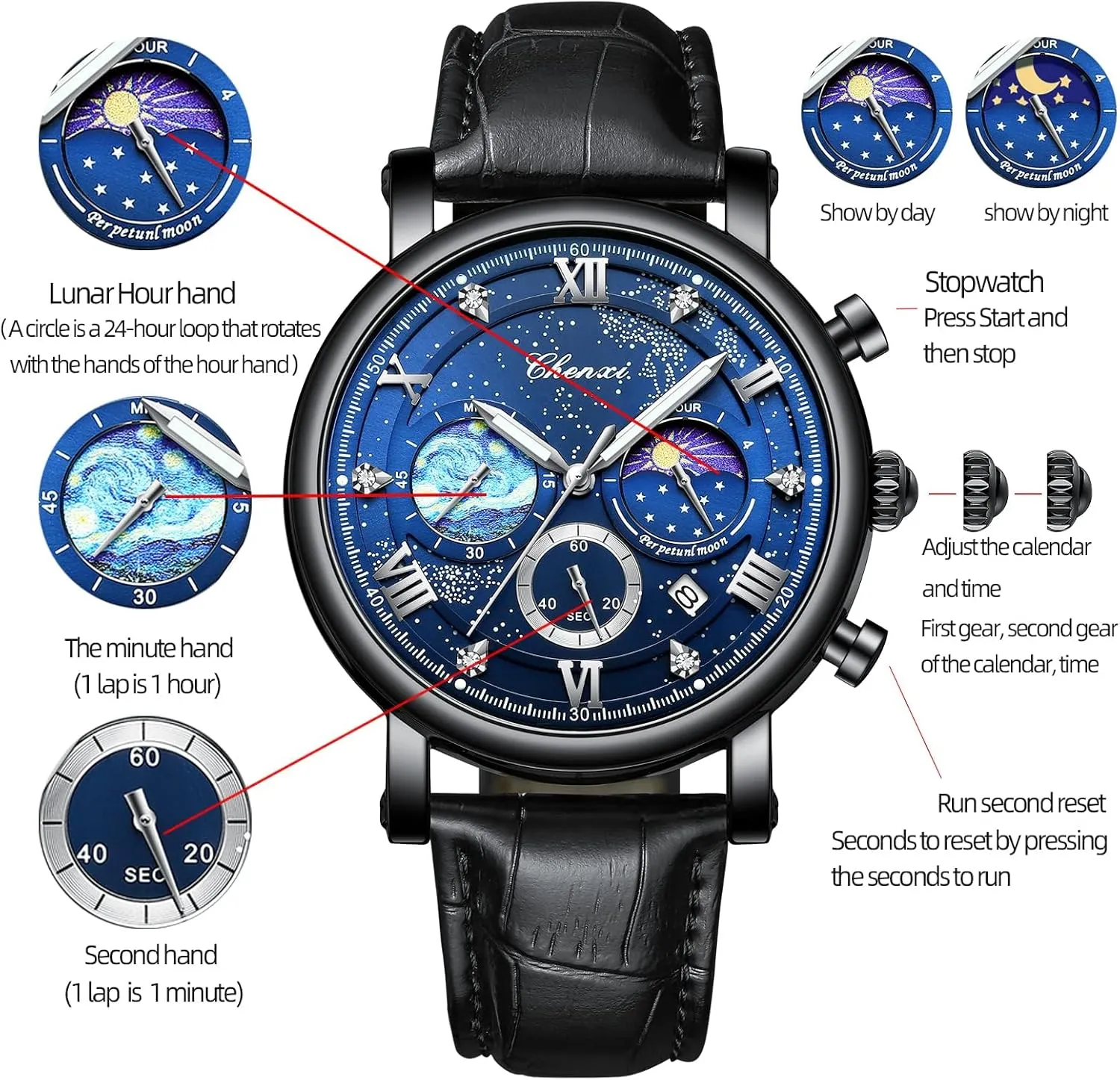 MASTOP Luxury Men Waterproof Watch Business Casual Quartz Watch Moon Phase Chronograph Leather Wristwatches