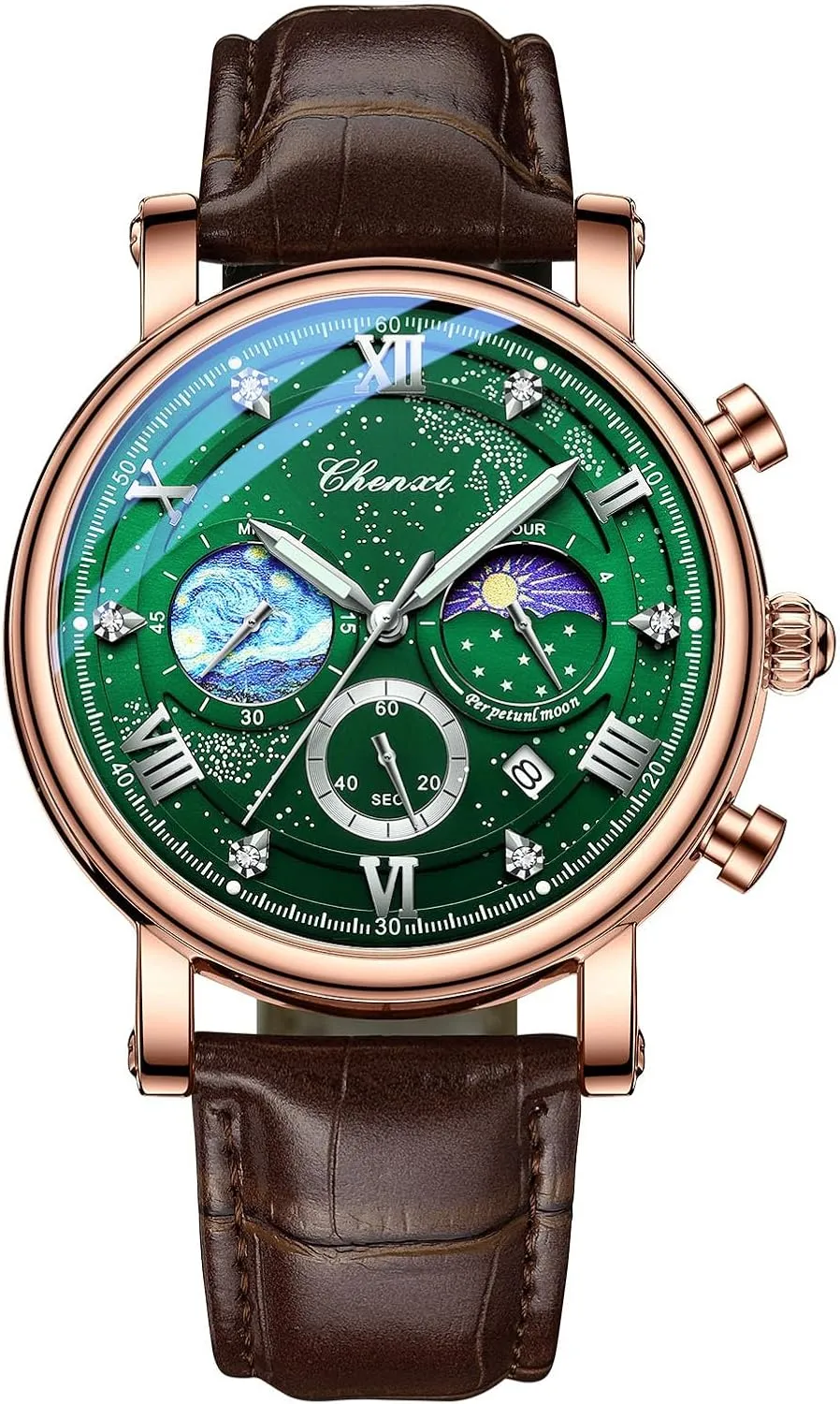 MASTOP Luxury Men Waterproof Watch Business Casual Quartz Watch Moon Phase Chronograph Leather Wristwatches