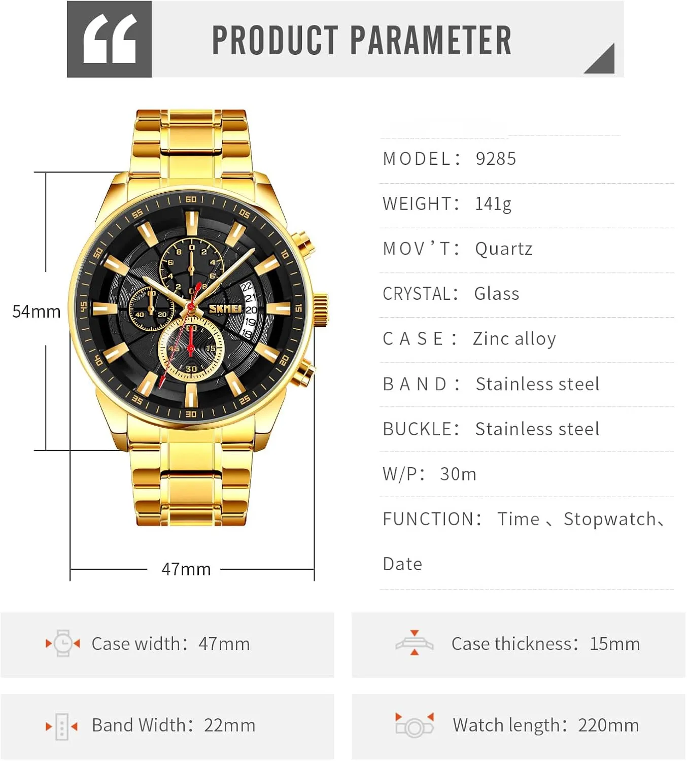 MASTOP Men's Fashion Stainless Steel Watches Date Waterproof Chronograph Wristwatches,Stainsteel Steel Band Waterproof Watch