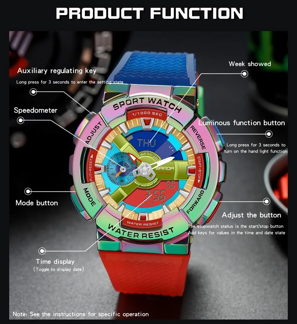 MASTOP Men's Watch Rainbow Color Watches Analog Digital 5ATM Waterproof High Contrast Black Brilliant White Watch Raise Hand Backlight Outdoor Military Watch