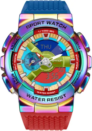 MASTOP Men's Watch Rainbow Color Watches Analog Digital 5ATM Waterproof High Contrast Black Brilliant White Watch Raise Hand Backlight Outdoor Military Watch