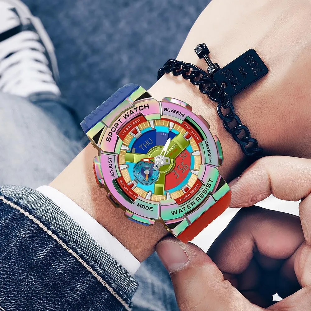 MASTOP Men's Watch Rainbow Color Watches Analog Digital 5ATM Waterproof High Contrast Black Brilliant White Watch Raise Hand Backlight Outdoor Military Watch