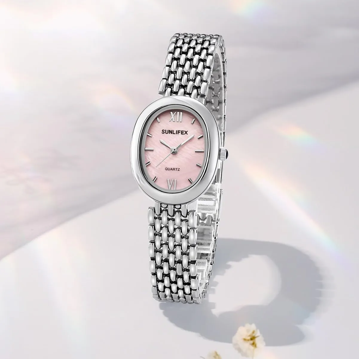 MASTOP Silver Watches for Women Petite Oval Quartz Wrist Watch Waterproof Stainless Steel Band Dainty Bracelet Watch for Ladies