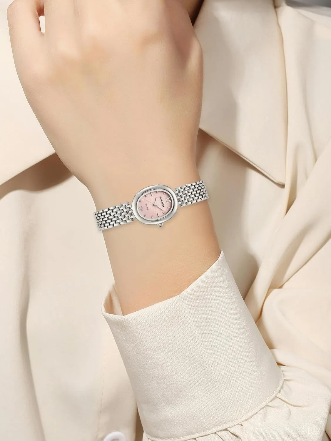 MASTOP Silver Watches for Women Petite Oval Quartz Wrist Watch Waterproof Stainless Steel Band Dainty Bracelet Watch for Ladies