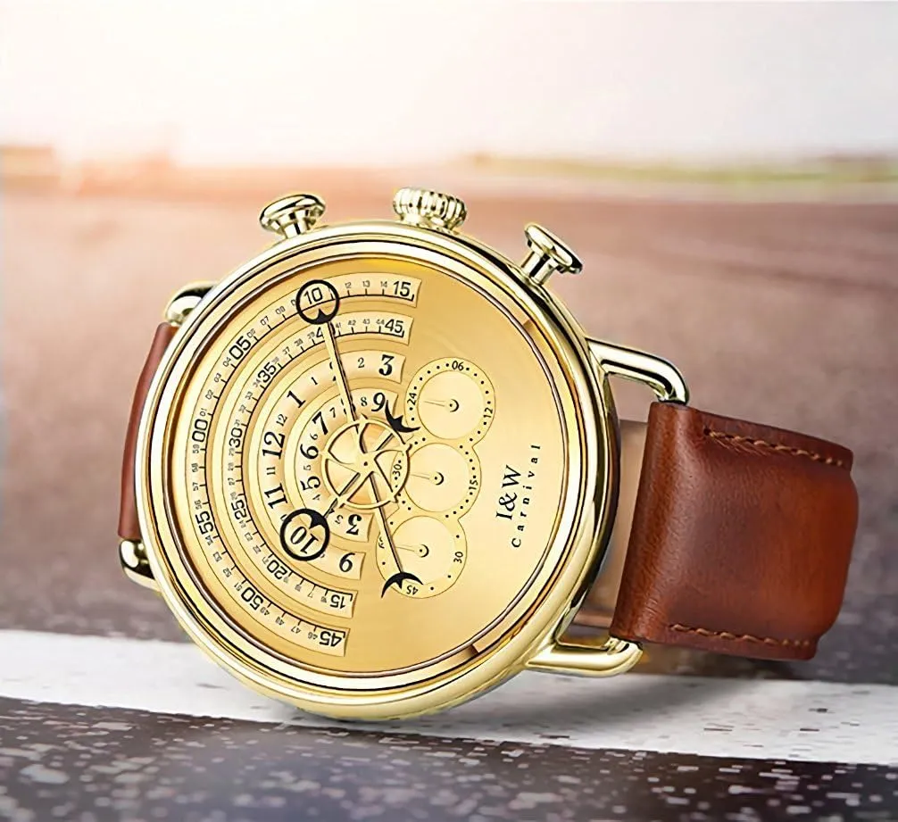 MASTOP Unique Runway Design Watches Men's Stainless Steel Analog Quartz Watch Chronograph Sport Gold Dial