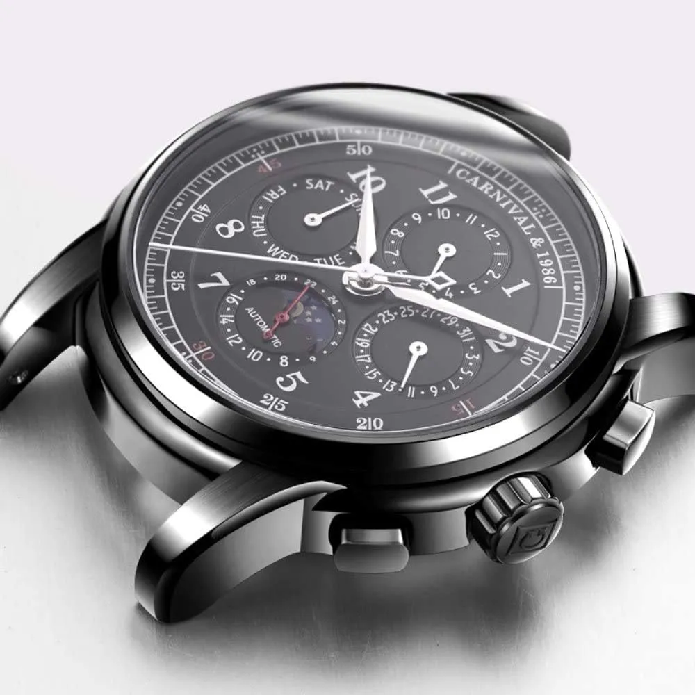 MASTOPSwiss Brands Men's Automatic Mechanical Watches Top Luxury Moon Phase Sapphire Waterproof Vintage Leather Strap Business Dress Wrist Watch Classic