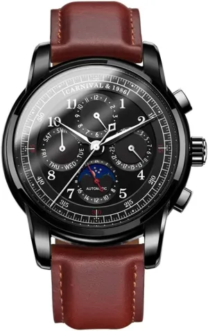 MASTOPSwiss Brands Men's Automatic Mechanical Watches Top Luxury Moon Phase Sapphire Waterproof Vintage Leather Strap Business Dress Wrist Watch Classic