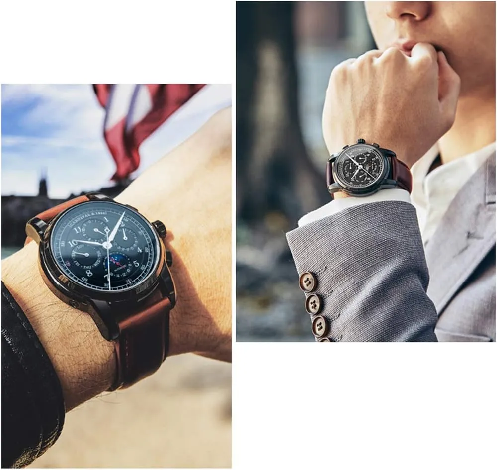 MASTOPSwiss Brands Men's Automatic Mechanical Watches Top Luxury Moon Phase Sapphire Waterproof Vintage Leather Strap Business Dress Wrist Watch Classic