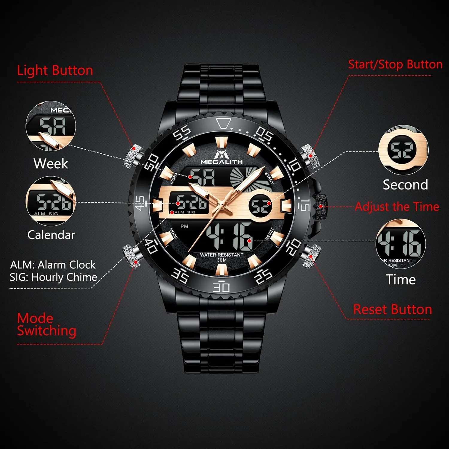 MEGALITH Mens Watch Digital Waterproof Stainless Steel Big Face LED Analog Multifunctional Outdoor Sports Watch, Men's Wrist Watches with Dual Time Backlight Display Alarm Stopwatch