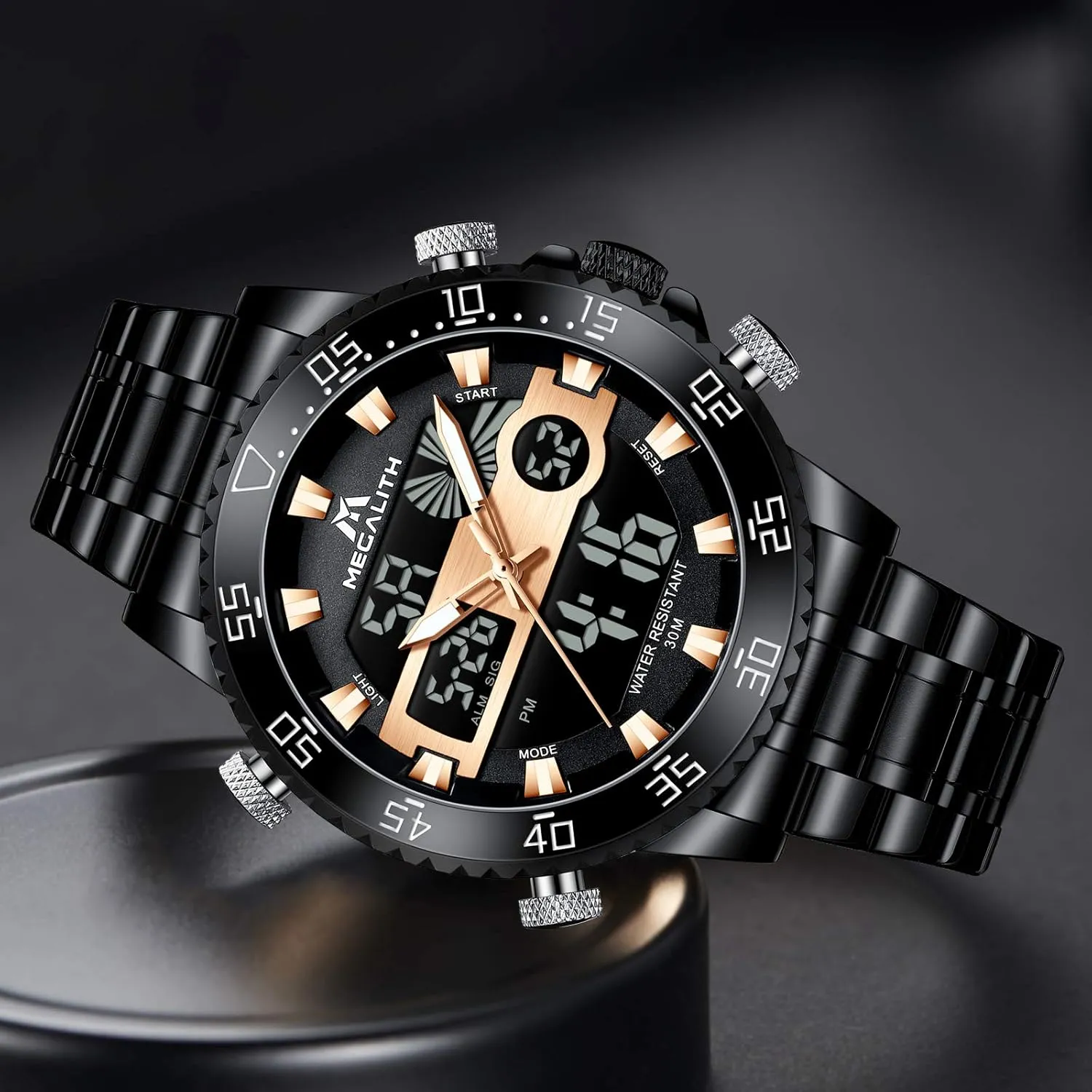 MEGALITH Mens Watch Digital Waterproof Stainless Steel Big Face LED Analog Multifunctional Outdoor Sports Watch, Men's Wrist Watches with Dual Time Backlight Display Alarm Stopwatch