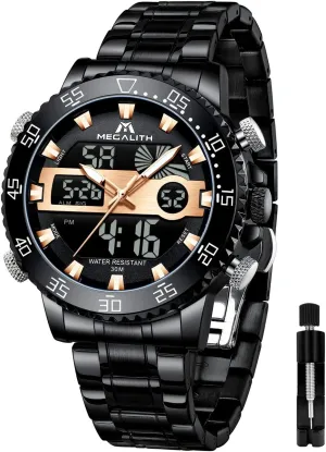 MEGALITH Mens Watch Digital Waterproof Stainless Steel Big Face LED Analog Multifunctional Outdoor Sports Watch, Men's Wrist Watches with Dual Time Backlight Display Alarm Stopwatch