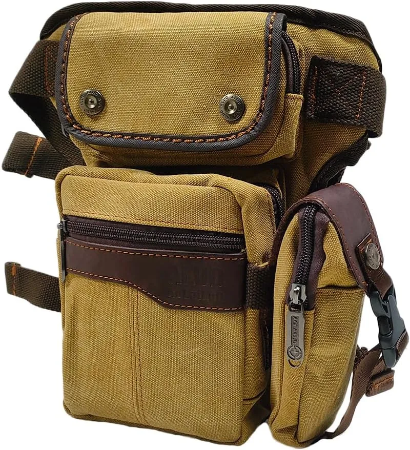 Men Waist Leg Bag Canvas Motorcycle Fanny Waist Pack One Shoulder Drop Leg Thigh Bag Hiking Traveling Fishing Waist Leg Bag Khaki