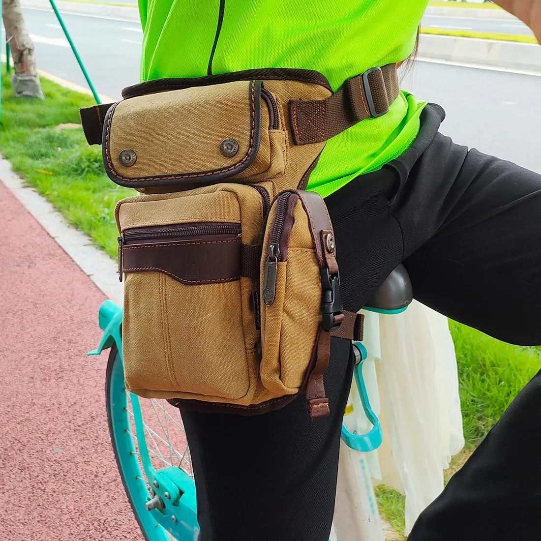 Men Waist Leg Bag Canvas Motorcycle Fanny Waist Pack One Shoulder Drop Leg Thigh Bag Hiking Traveling Fishing Waist Leg Bag Khaki