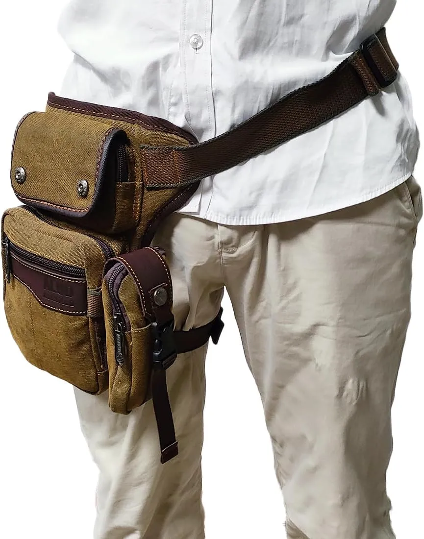 Men Waist Leg Bag Canvas Motorcycle Fanny Waist Pack One Shoulder Drop Leg Thigh Bag Hiking Traveling Fishing Waist Leg Bag Khaki