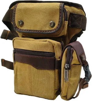 Men Waist Leg Bag Canvas Motorcycle Fanny Waist Pack One Shoulder Drop Leg Thigh Bag Hiking Traveling Fishing Waist Leg Bag Khaki