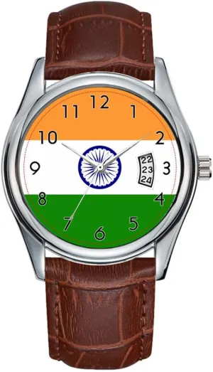 Men Watch Casual Waterproof Quartz Watches Clock Date Classic Business Brown Leather Christmas Wristwatch Flag of India Wrist Watches