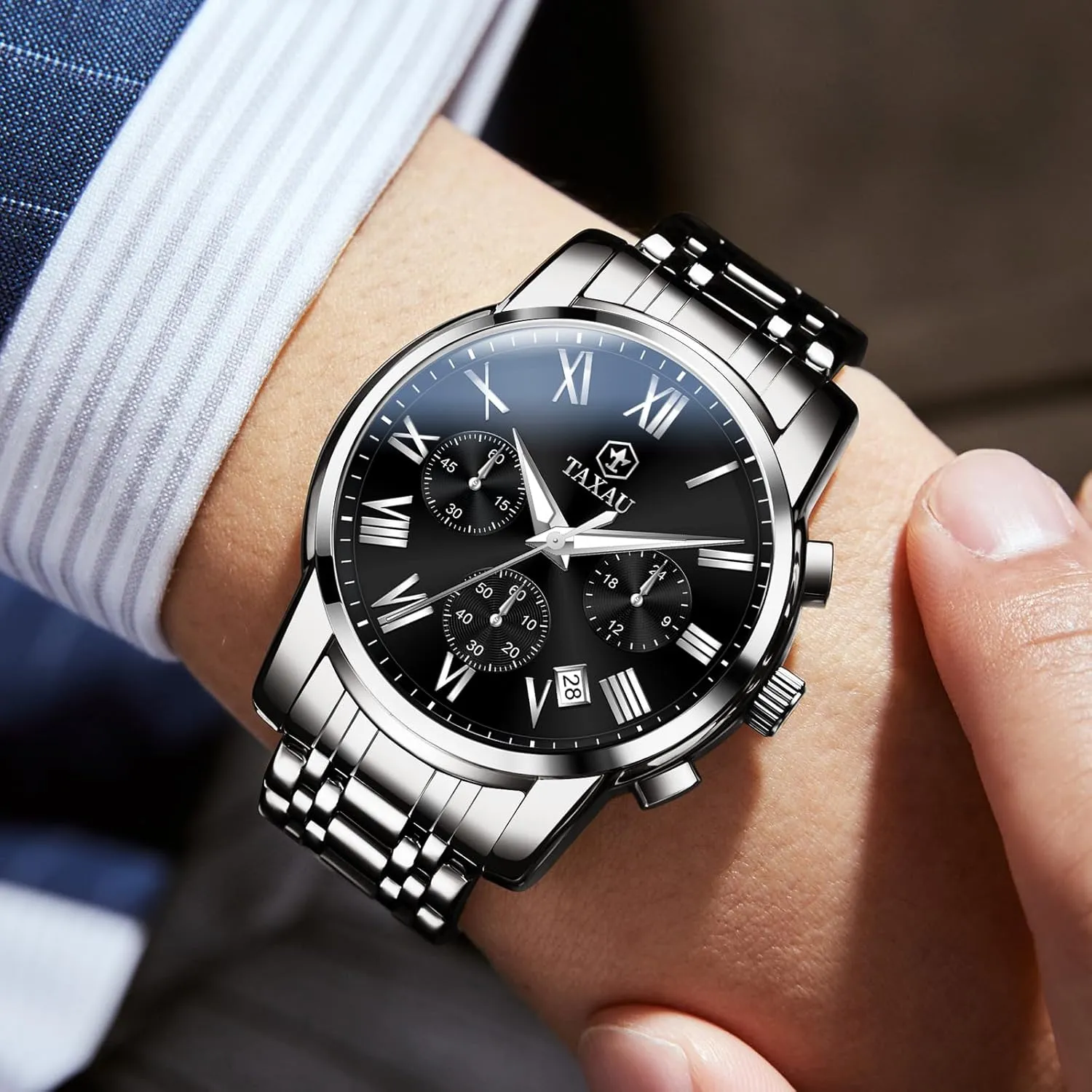 Men Watches Dress Watch for Men Waterproof Luxury Chronograph Watch Big Face Stainless Steel Analog Quartz Men's Wrist Watches with Date Multi-Function Roman Number Luminous reloj para Hombre