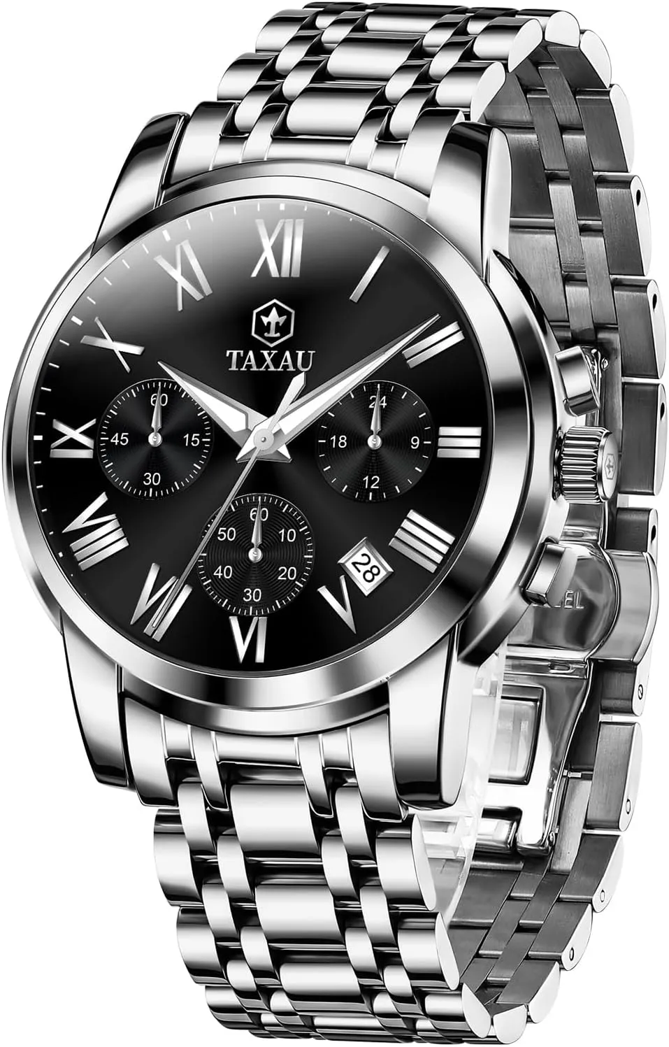 Men Watches Dress Watch for Men Waterproof Luxury Chronograph Watch Big Face Stainless Steel Analog Quartz Men's Wrist Watches with Date Multi-Function Roman Number Luminous reloj para Hombre