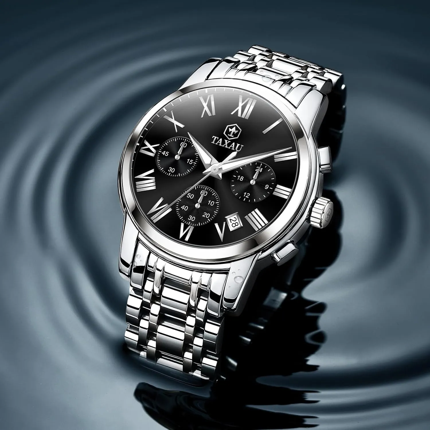 Men Watches Dress Watch for Men Waterproof Luxury Chronograph Watch Big Face Stainless Steel Analog Quartz Men's Wrist Watches with Date Multi-Function Roman Number Luminous reloj para Hombre