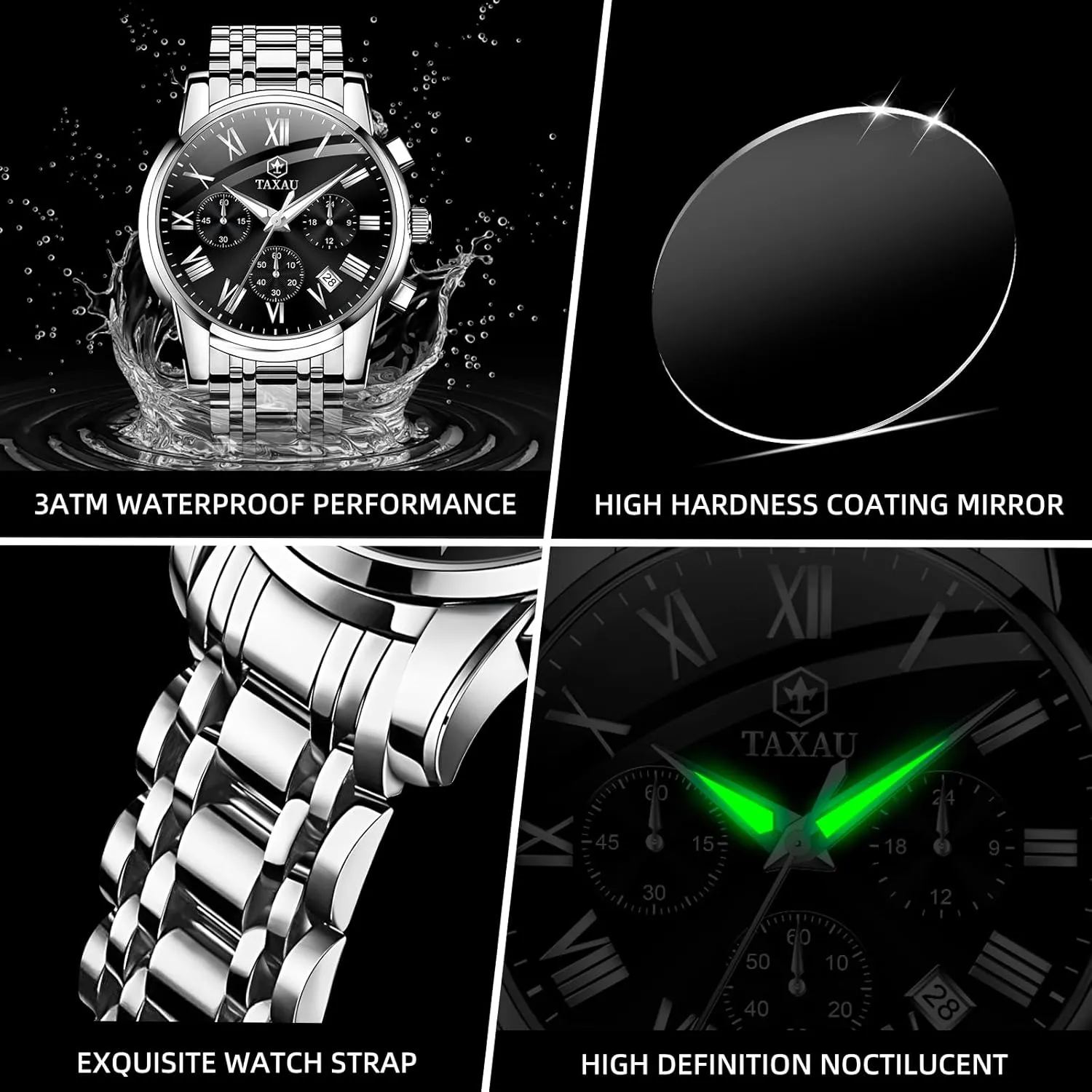 Men Watches Dress Watch for Men Waterproof Luxury Chronograph Watch Big Face Stainless Steel Analog Quartz Men's Wrist Watches with Date Multi-Function Roman Number Luminous reloj para Hombre