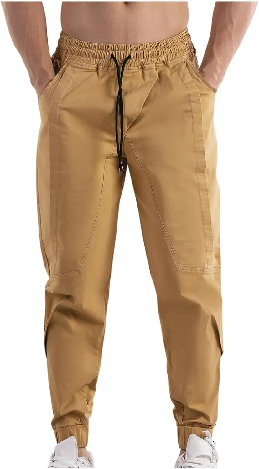 Mens Cargo Pants Elastic Waist Drawstring Relaxed Fit Joggers for Men Tapered Stretch Outdoor Work Pants