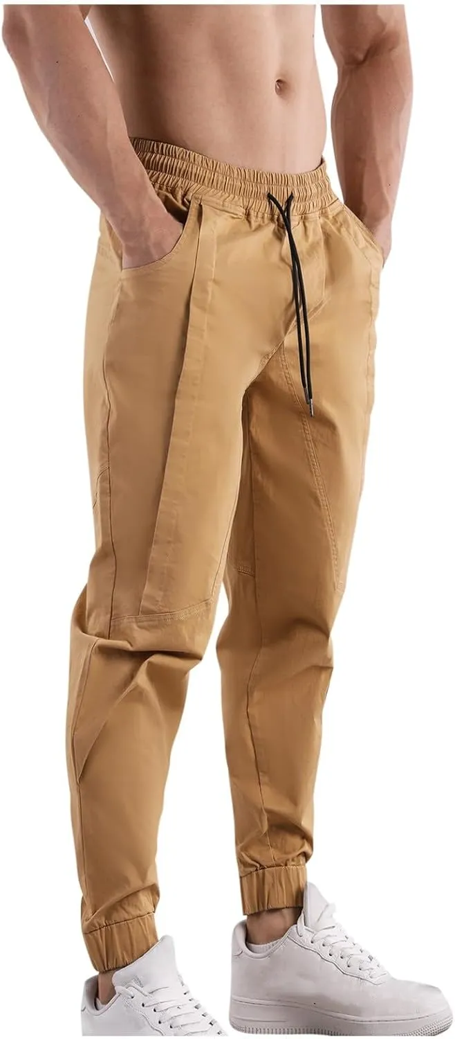 Mens Cargo Pants Elastic Waist Drawstring Relaxed Fit Joggers for Men Tapered Stretch Outdoor Work Pants