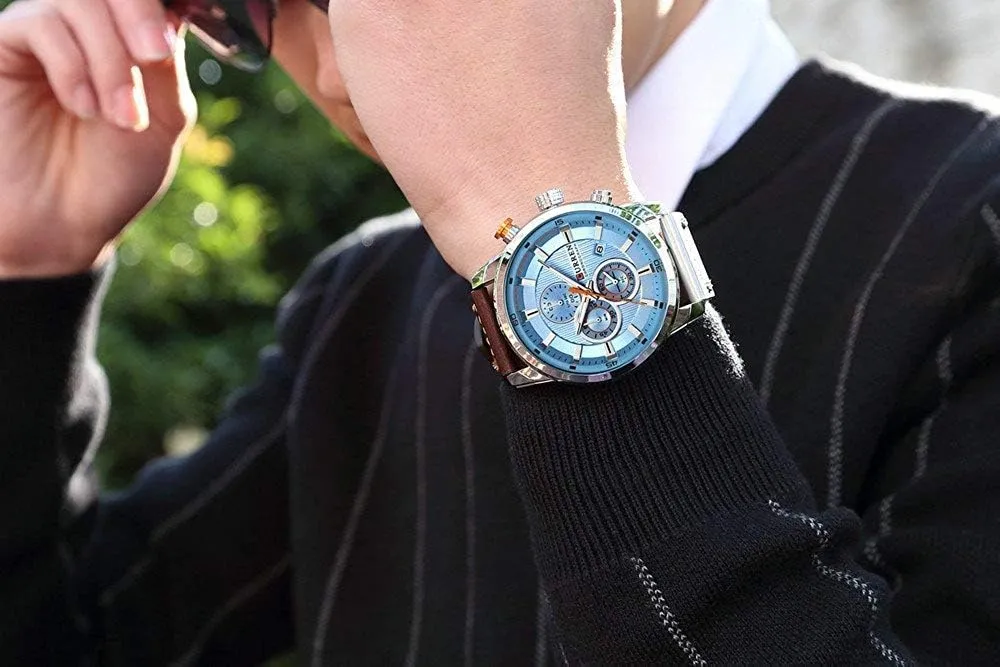 Men's Chronograph Sport Watch Multi fonction Brown Leather Band Waterproof Analog Quartz Watch for Men