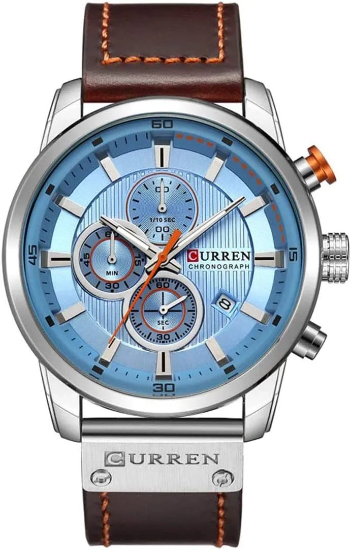 Men's Chronograph Sport Watch Multi fonction Brown Leather Band Waterproof Analog Quartz Watch for Men