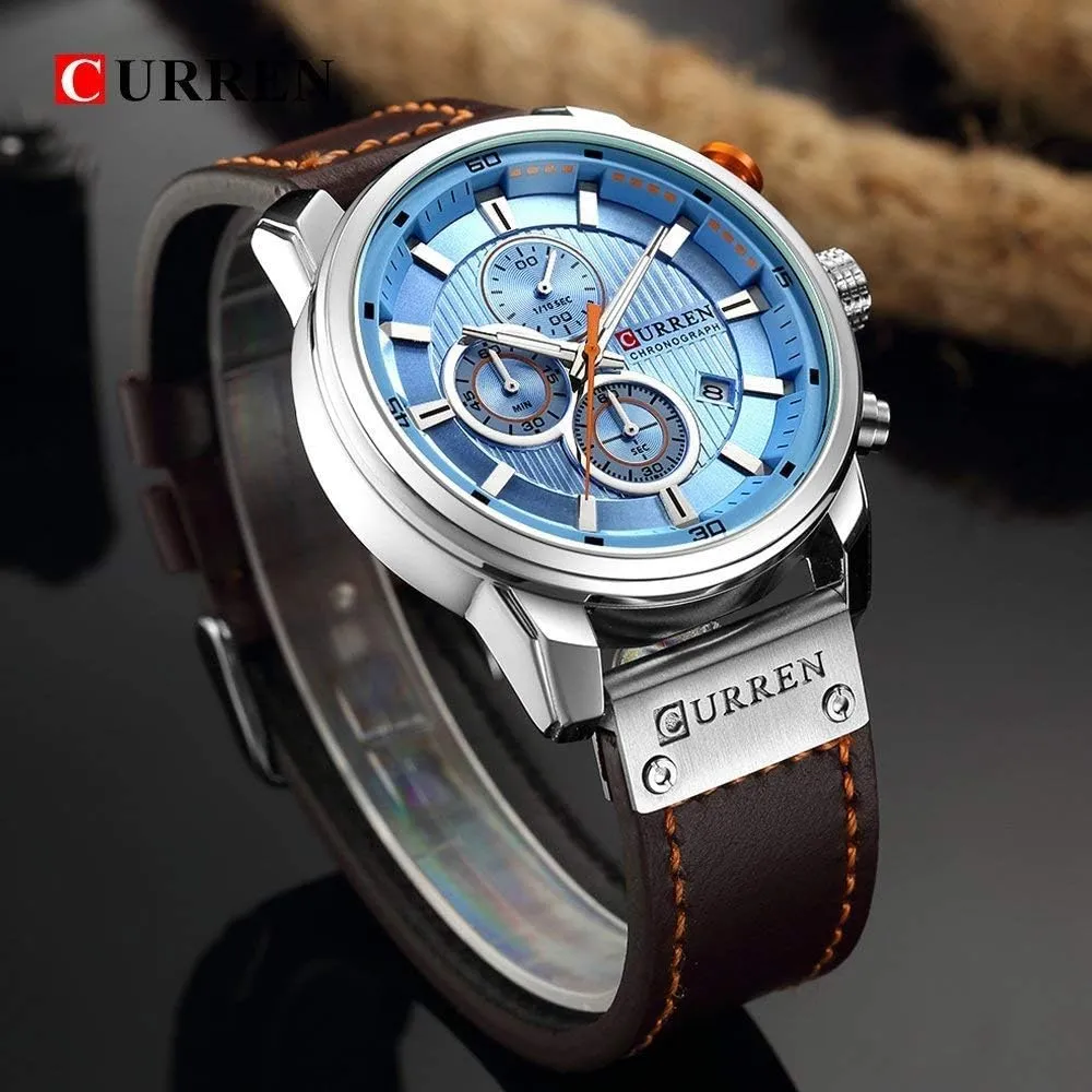 Men's Chronograph Sport Watch Multi fonction Brown Leather Band Waterproof Analog Quartz Watch for Men